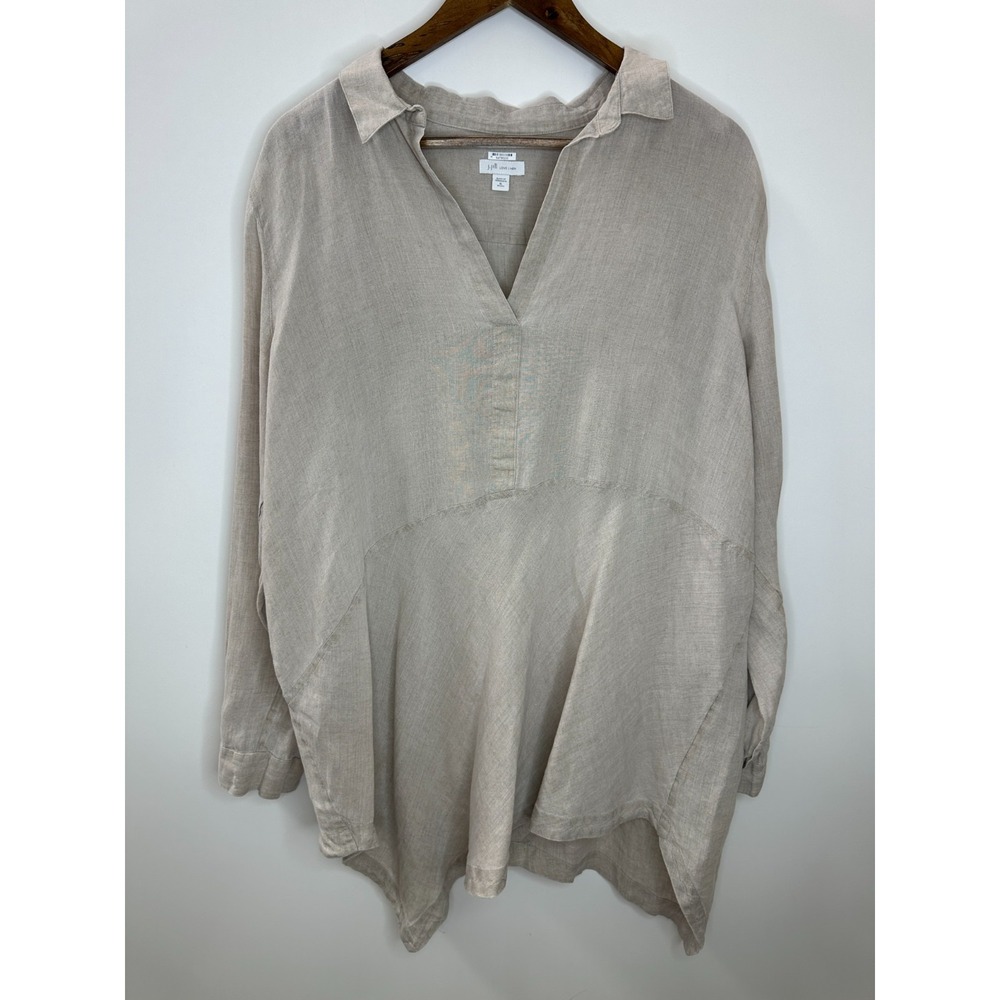 J.Jill Love Linen Beige V-Neck Asymmetrical Tunic Top XL Petite Lagonlook Relax - Picture 3 of 12